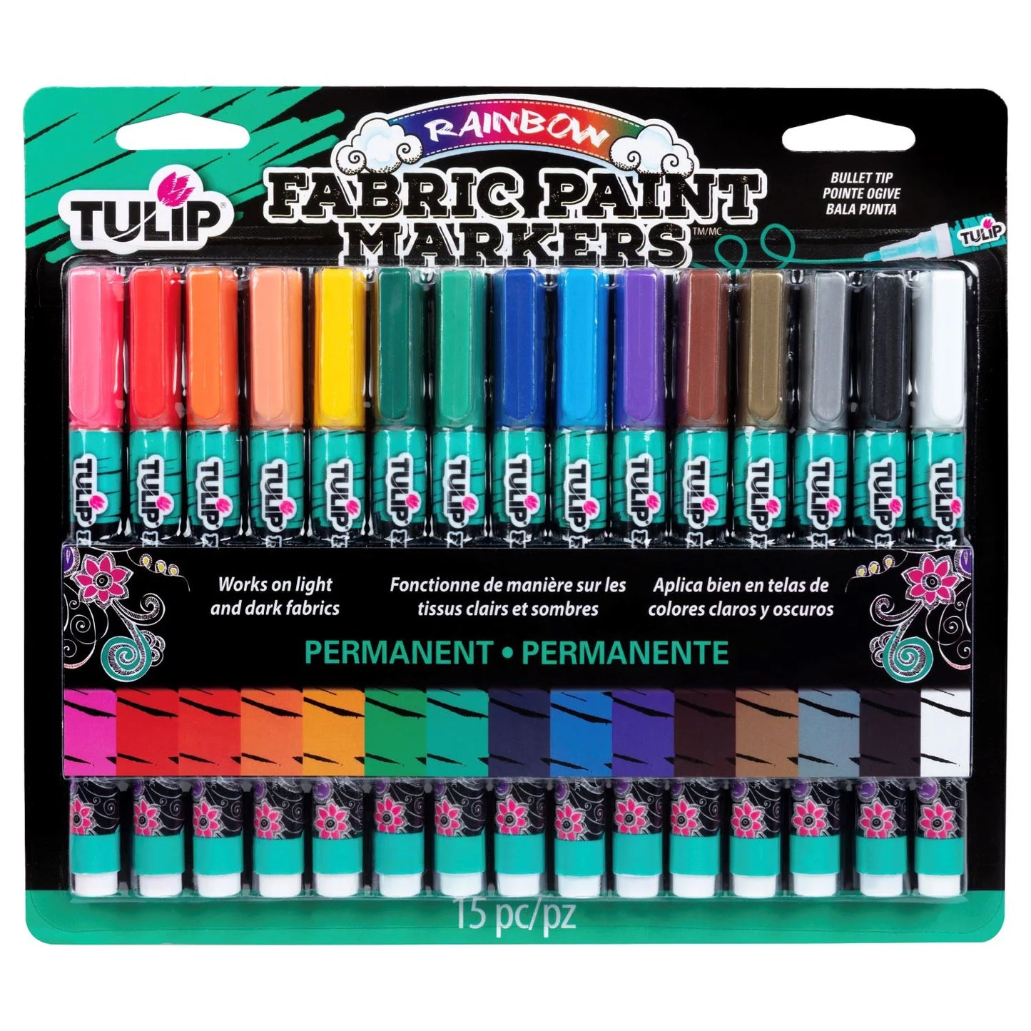 Tulip Bullet-Tip Fabric Paint Markers Rainbow 15 Pack